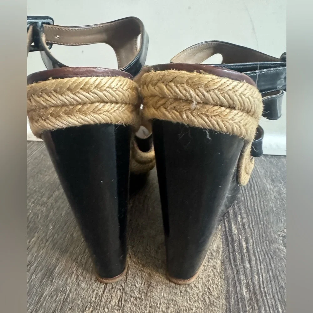 Christian Louboutin Bilbao Black Patent Leather Strap Wedge Sole‎ Sandals 41